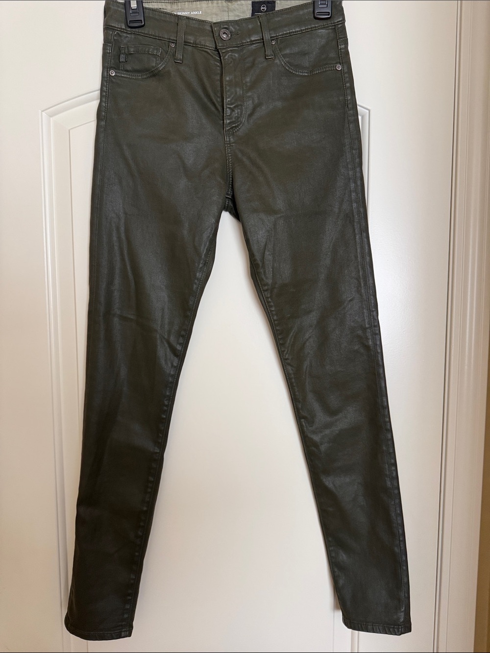 AG Adriano Goldschmied Olive Green Coated The Farrah Skinny Ankle Jeans Size 27R